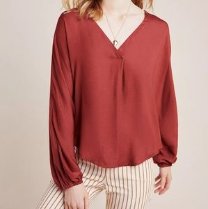 Anthropologie v neck pleated puffed long sleeves top, medium, rust/ brown